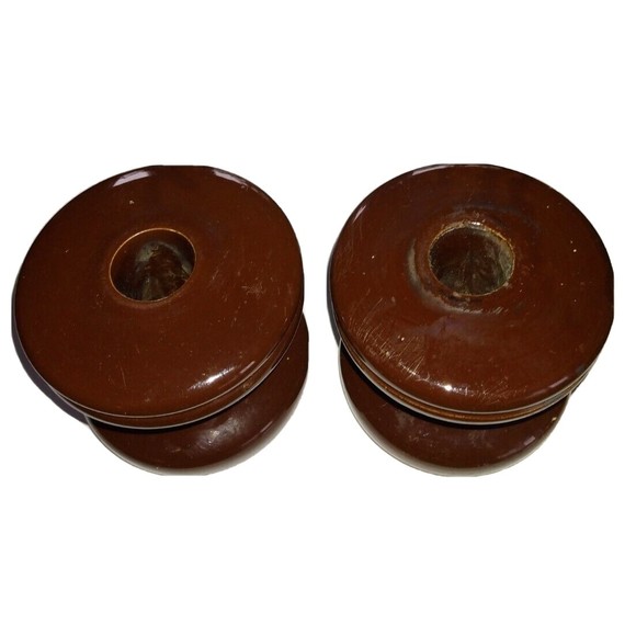 Vintage 2 Porcelain Brown  Spool insulators No Id Markings 3" x 2-7/8" - Picture 4 of 6